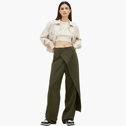 Ladies Slim Fit Trousers with Ruffle Detail and Button
