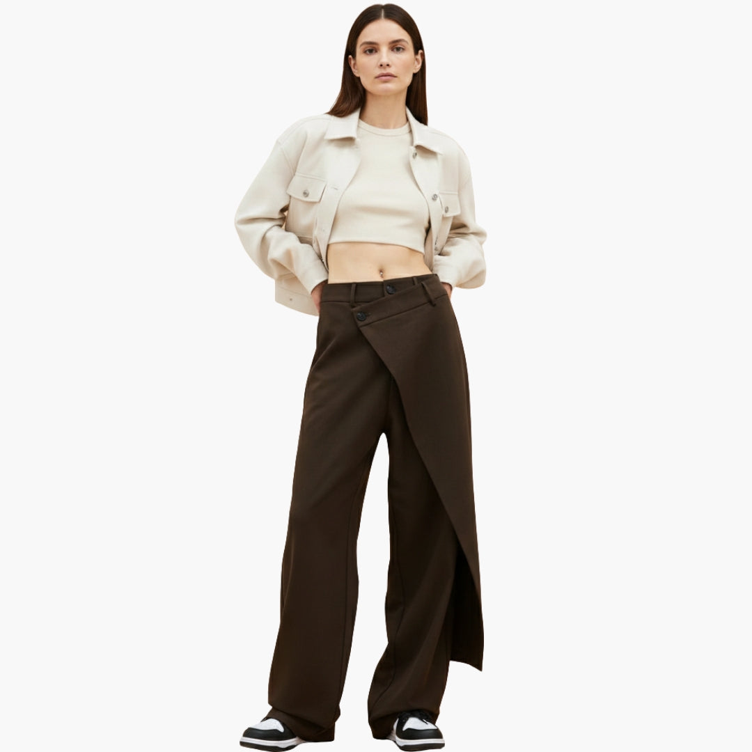 Ladies Slim Fit Trousers with Ruffle Detail and Button