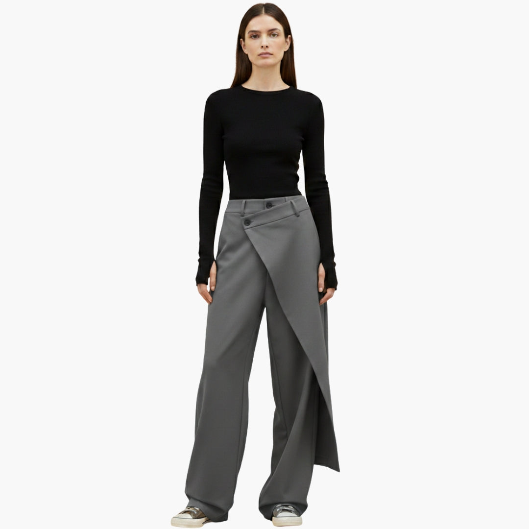 Ladies Slim Fit Trousers with Ruffle Detail and Button