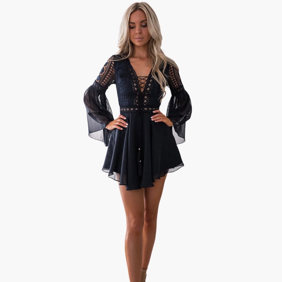 Ladies' Elegant Lace Trim Fit Flare Dress