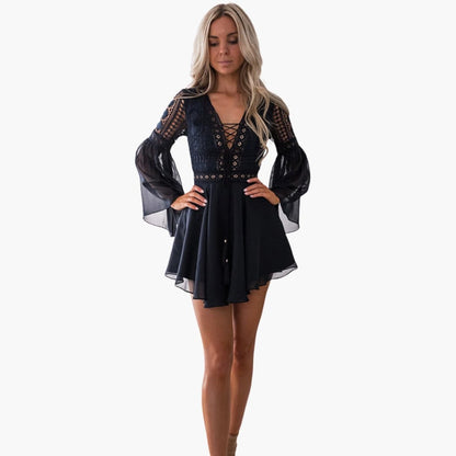Ladies' Elegant Lace Trim Fit Flare Dress