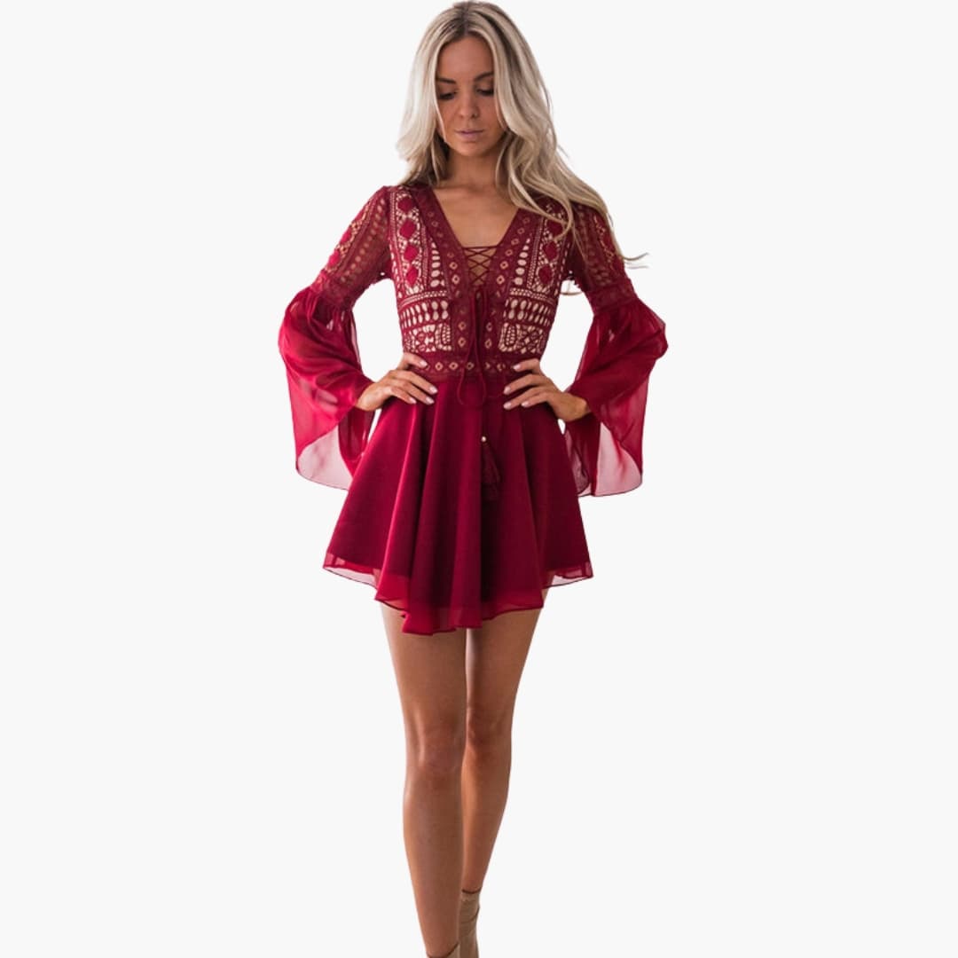 Ladies' Elegant Lace Trim Fit Flare Dress