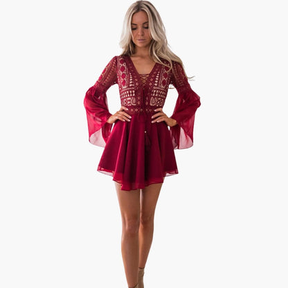Ladies' Elegant Lace Trim Fit Flare Dress