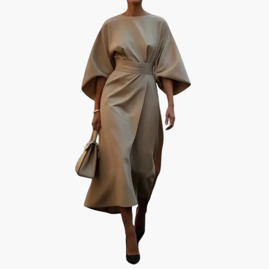Ladies Elegant Dress with Bell Sleeves and Cinch Waist