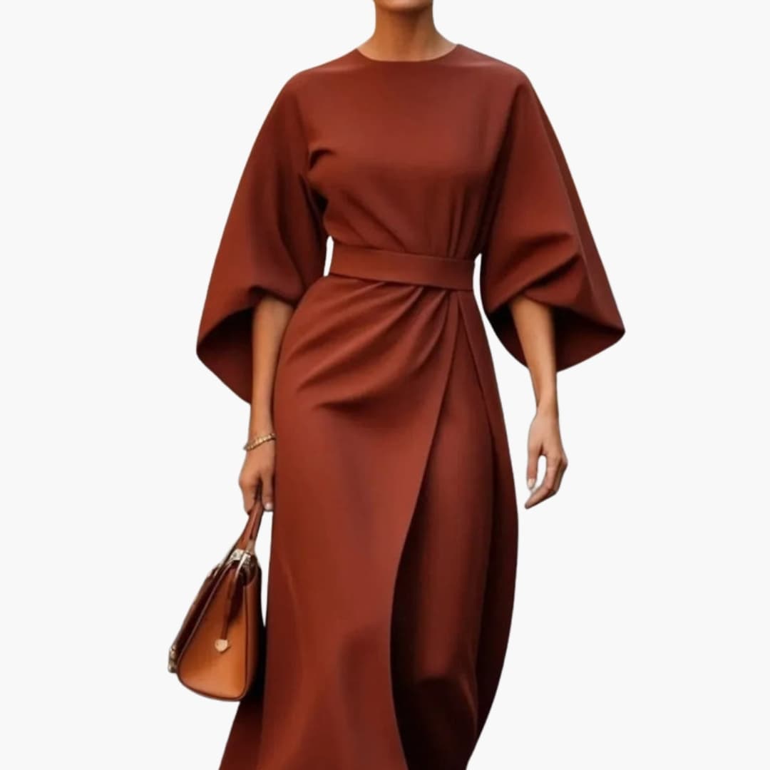 Ladies Elegant Dress with Bell Sleeves and Cinch Waist - Olytrend