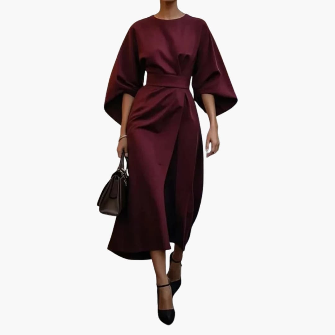 Ladies Elegant Dress with Bell Sleeves and Cinch Waist