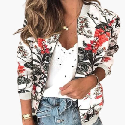 Ladies' Casual Zip Up Floral Jacket with Pockets - Olytrend