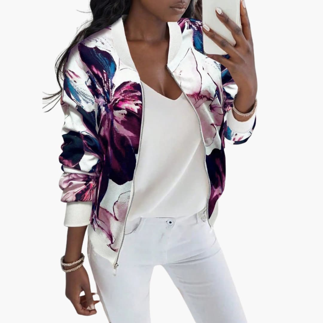 Ladies' Pretty Flower Print Bomber Jacket - Olytrend