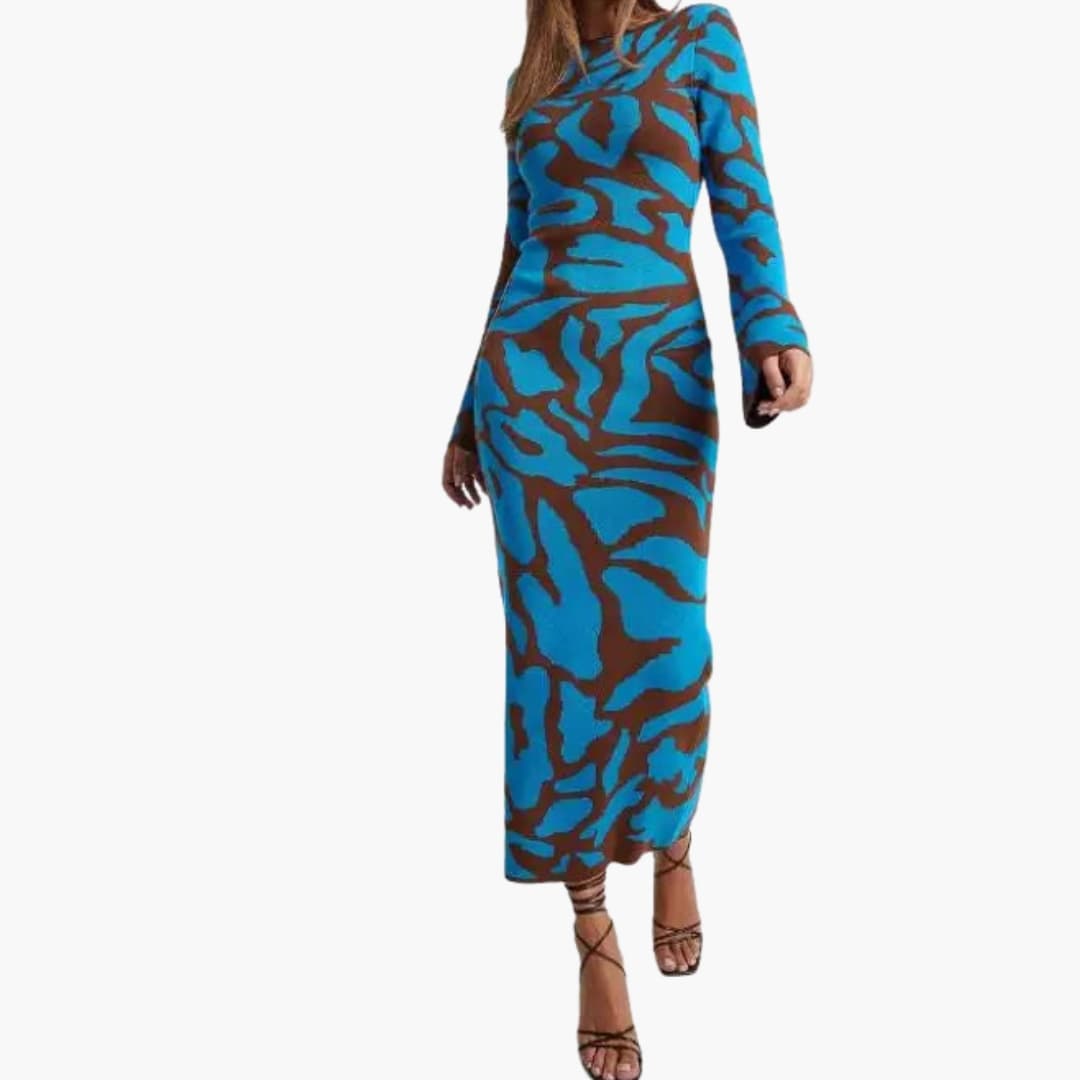 Ladies Elegant Flower Maxi Dress with Round Neck - Olytrend