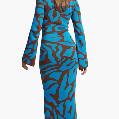 Ladies Elegant Flower Maxi Dress with Round Neck