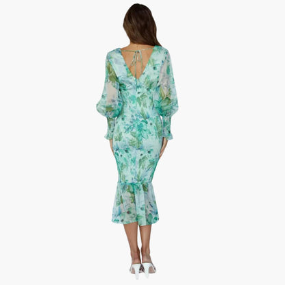 Ladies' Garden Print Tea Length Dress with Ruffle Sleeves