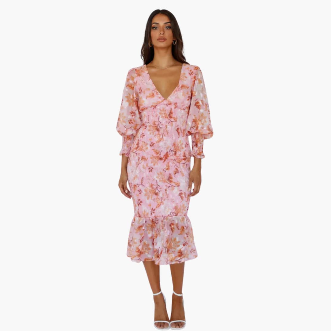 Ladies' Garden Print Tea Length Dress with Ruffle Sleeves - Olytrend