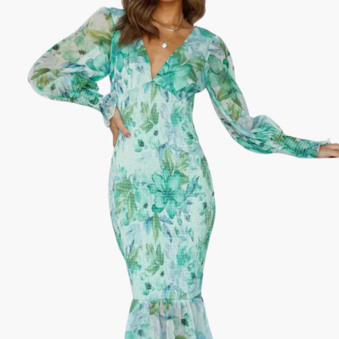 Ladies' Garden Print Tea Length Dress with Ruffle Sleeves