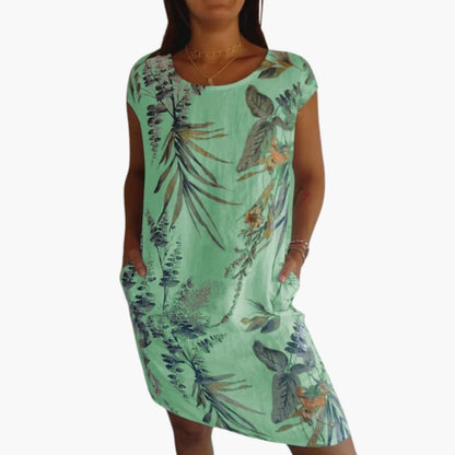 Casual Floral Knee Length Dress with Cap Sleeves