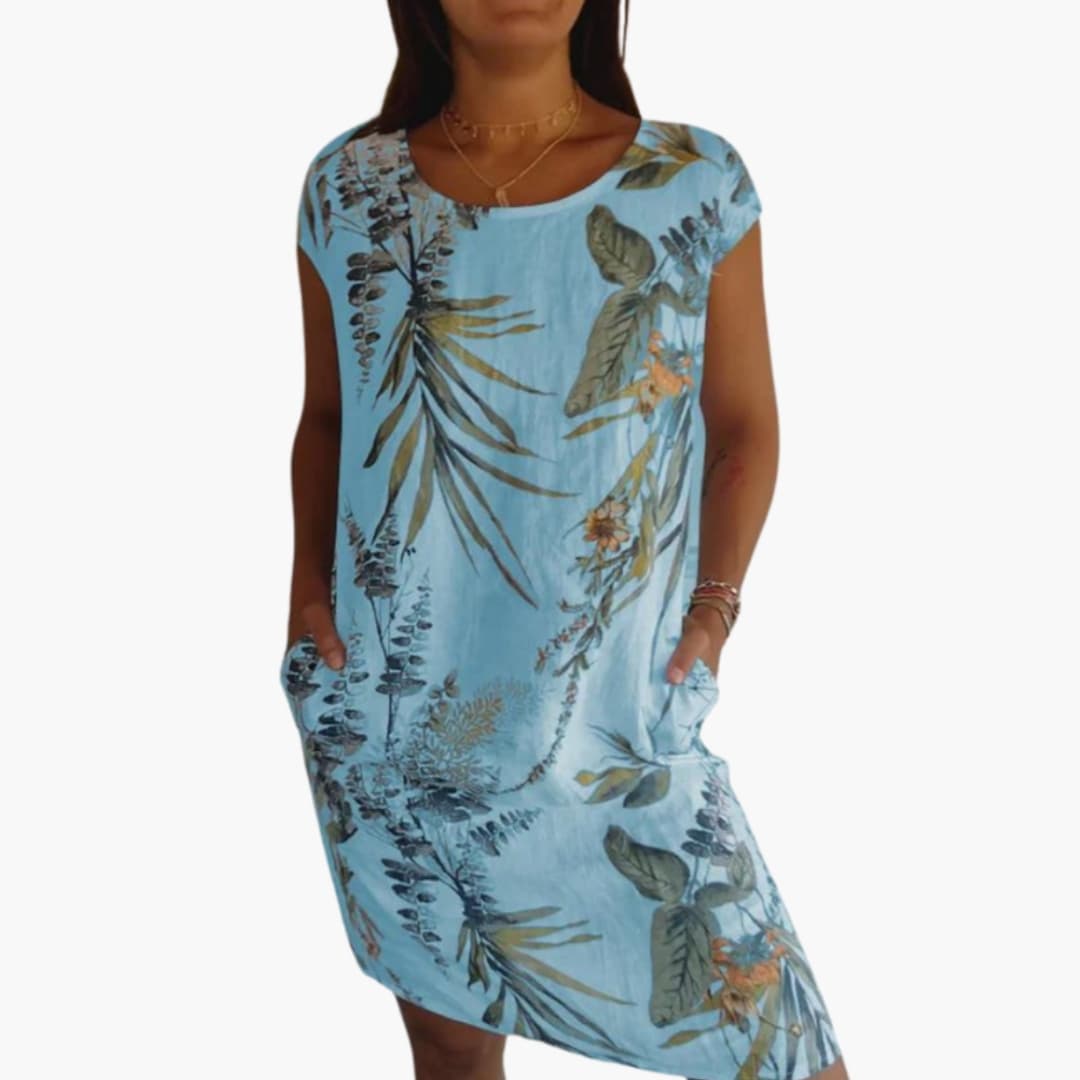 Casual Floral Knee Length Dress with Cap Sleeves