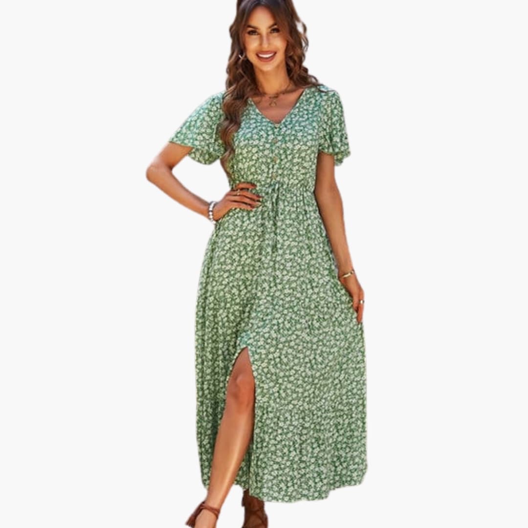 Ladies Pretty Flower Maxi Dress with Sleeves - Olytrend
