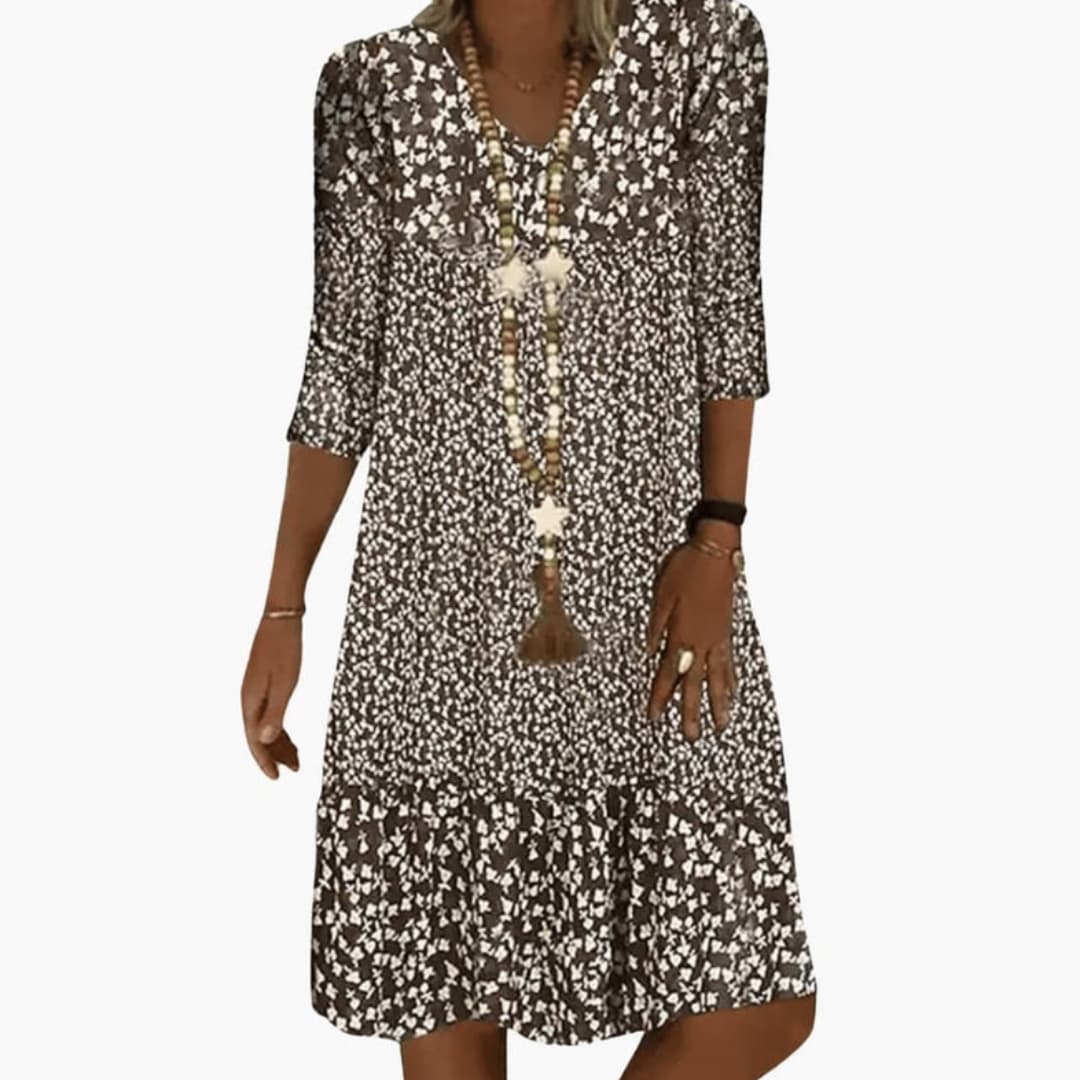 Ladies' Elegant Floral Midi Dress with Ruffled Waist
