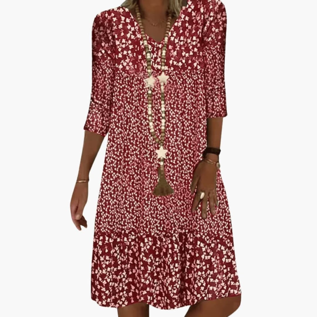 Ladies' Elegant Floral Midi Dress with Ruffled Waist