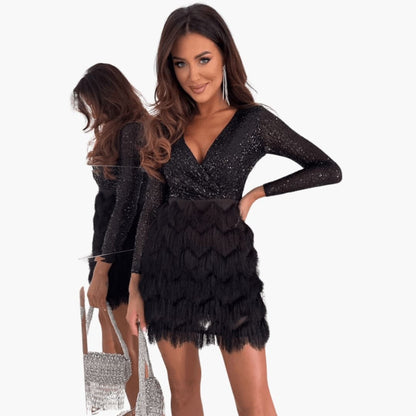 Sparkly Evening Gown with Fluffy Edge Detail
