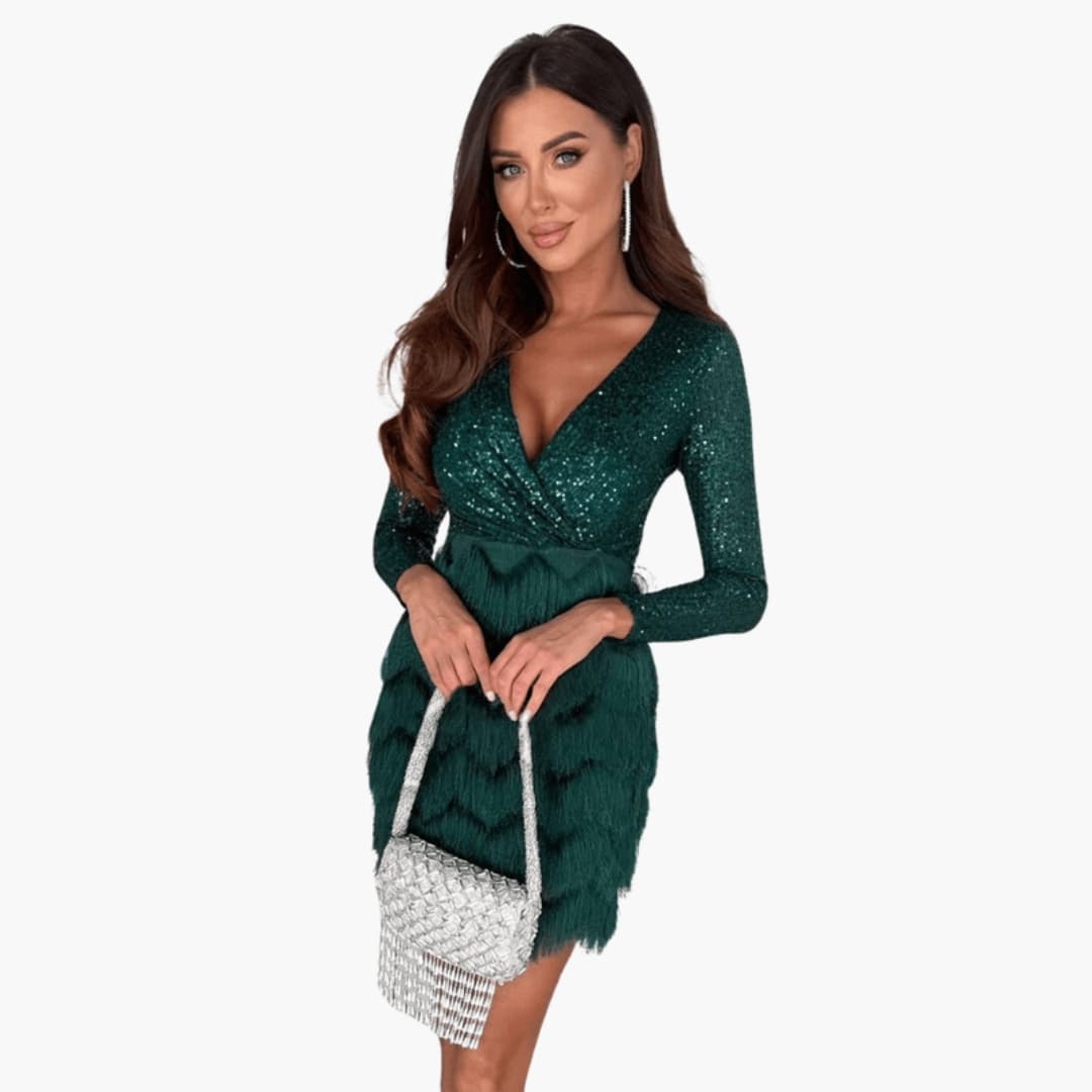 Sparkly Evening Gown with Fluffy Edge Detail - Olytrend