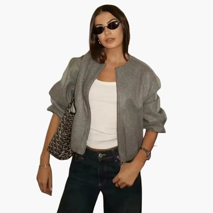 Ladies' Zip Up Coat with Round Collar