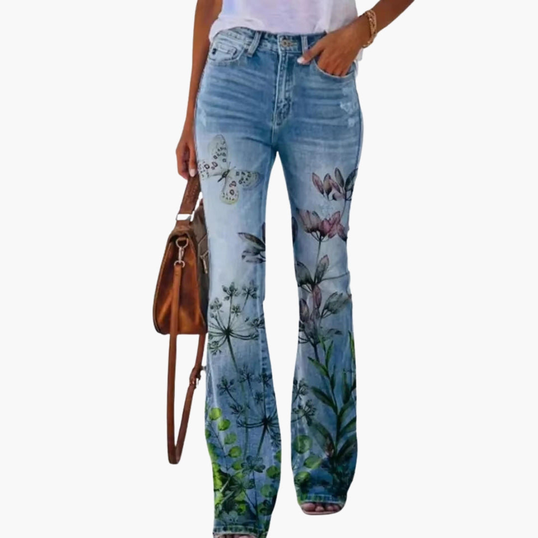 Fashionable Ladies Jeans with Fun Prints and Button Fly