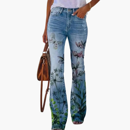 Fashionable Ladies Jeans with Fun Prints and Button Fly
