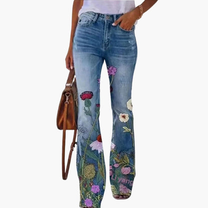Fashionable Ladies Jeans with Fun Prints and Button Fly