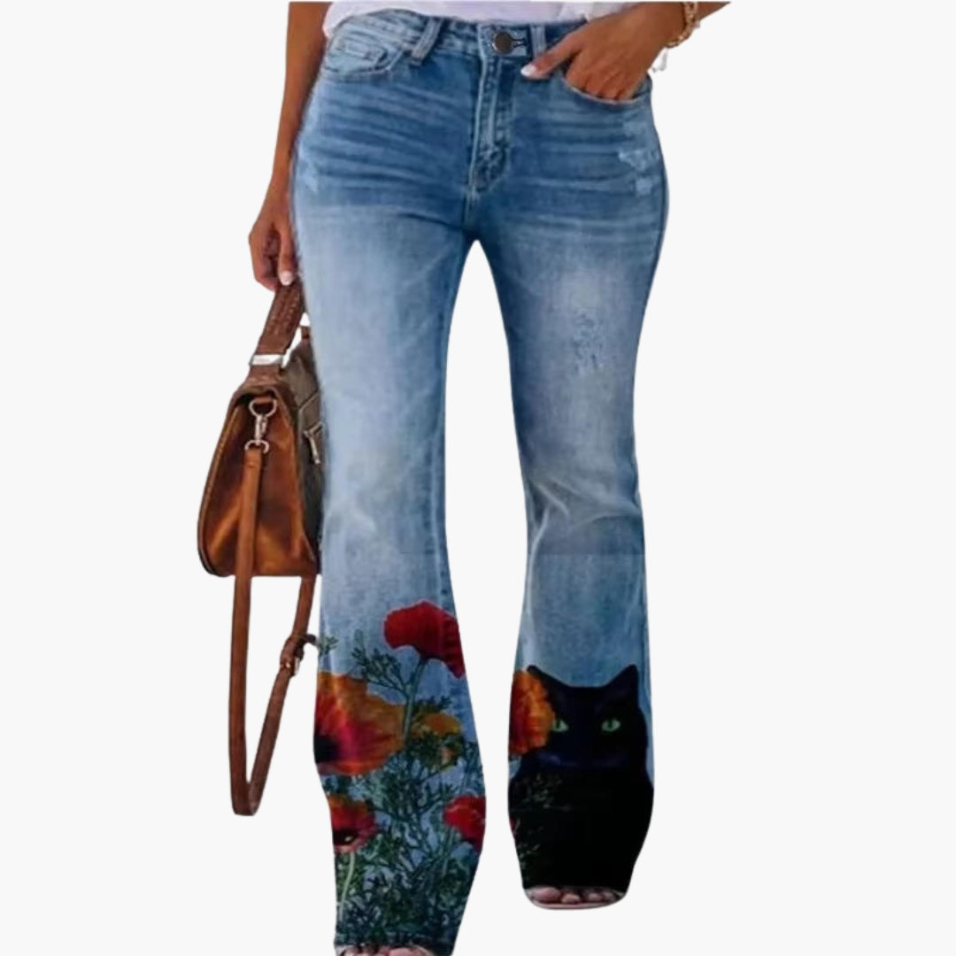Fashionable Ladies Jeans with Fun Prints and Button Fly