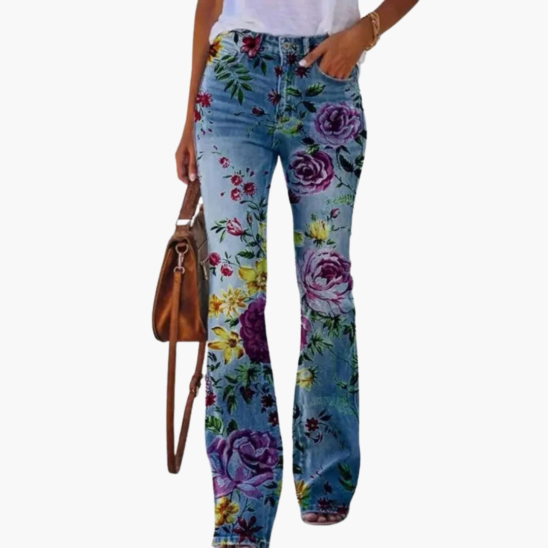 Fashionable Ladies Jeans with Fun Prints and Button Fly