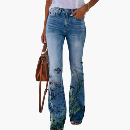 Fashionable Ladies Jeans with Fun Prints and Button Fly
