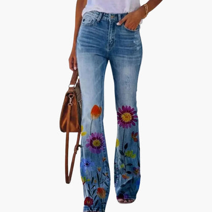 Fashionable Ladies Jeans with Fun Prints and Button Fly