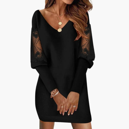 Feminine Midi Dress with V Neck and Delicate Lace