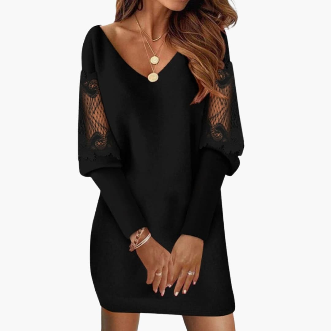 Feminine Midi Dress with V Neck and Delicate Lace - Olytrend