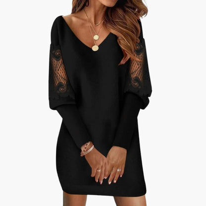 Feminine Midi Dress with V Neck and Delicate Lace - Olytrend