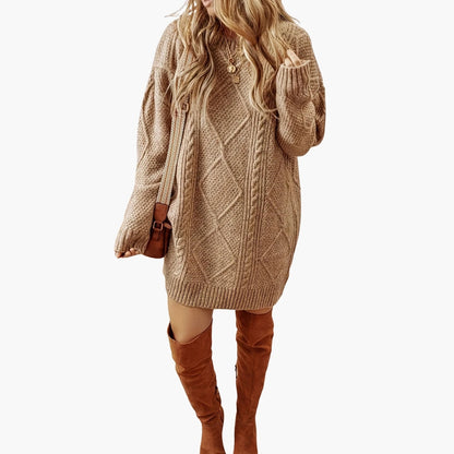 Cozy Crew Neck Knit Dress with Cable Pattern