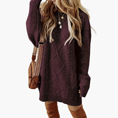 Cozy Crew Neck Knit Dress with Cable Pattern