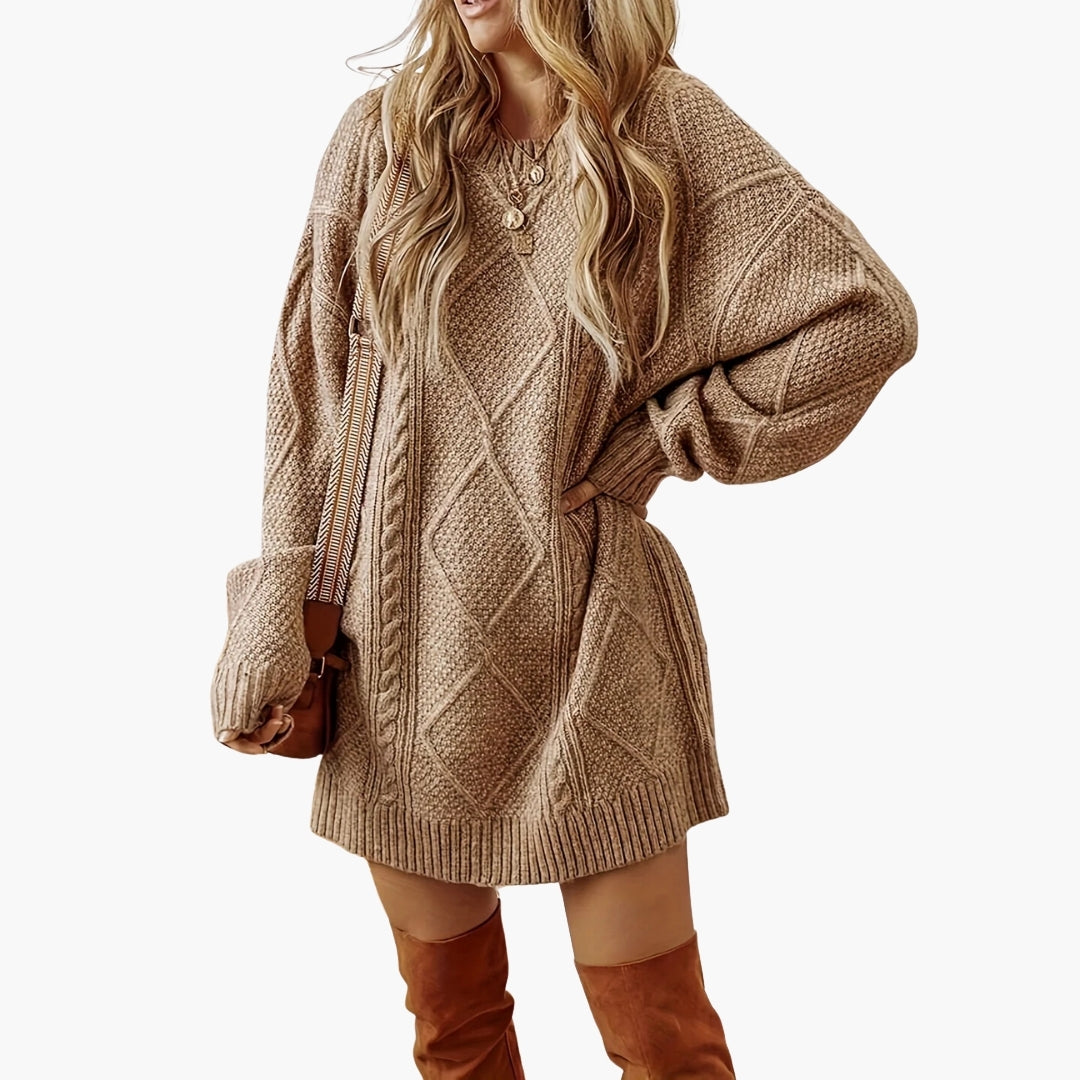 Cozy Crew Neck Knit Dress with Cable Pattern - Olytrend