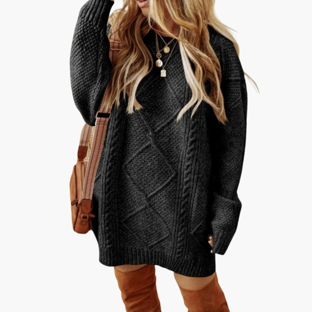 Cozy Crew Neck Knit Dress with Cable Pattern