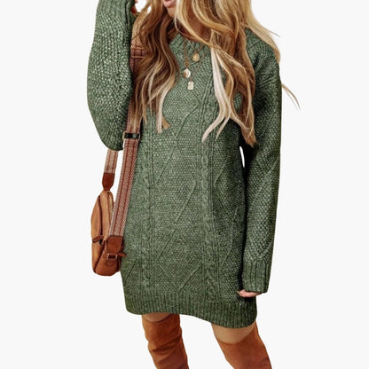 Cozy Crew Neck Knit Dress with Cable Pattern