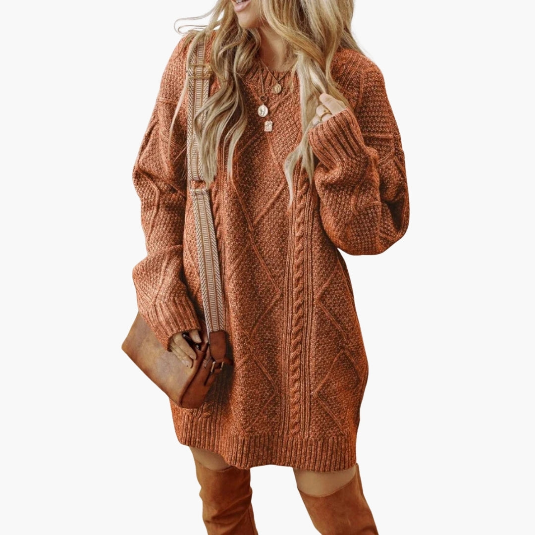 Cozy Crew Neck Knit Dress with Cable Pattern