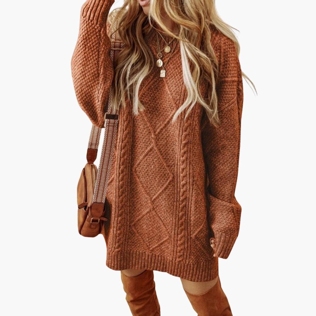 Cozy Crew Neck Knit Dress with Cable Pattern