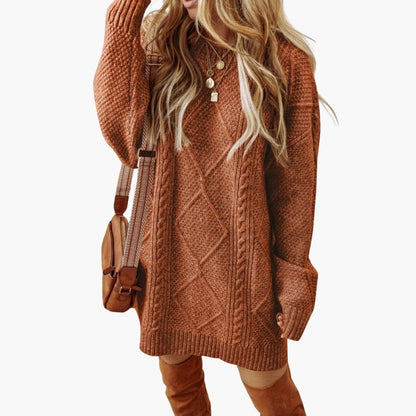 Cozy Crew Neck Knit Dress with Cable Pattern