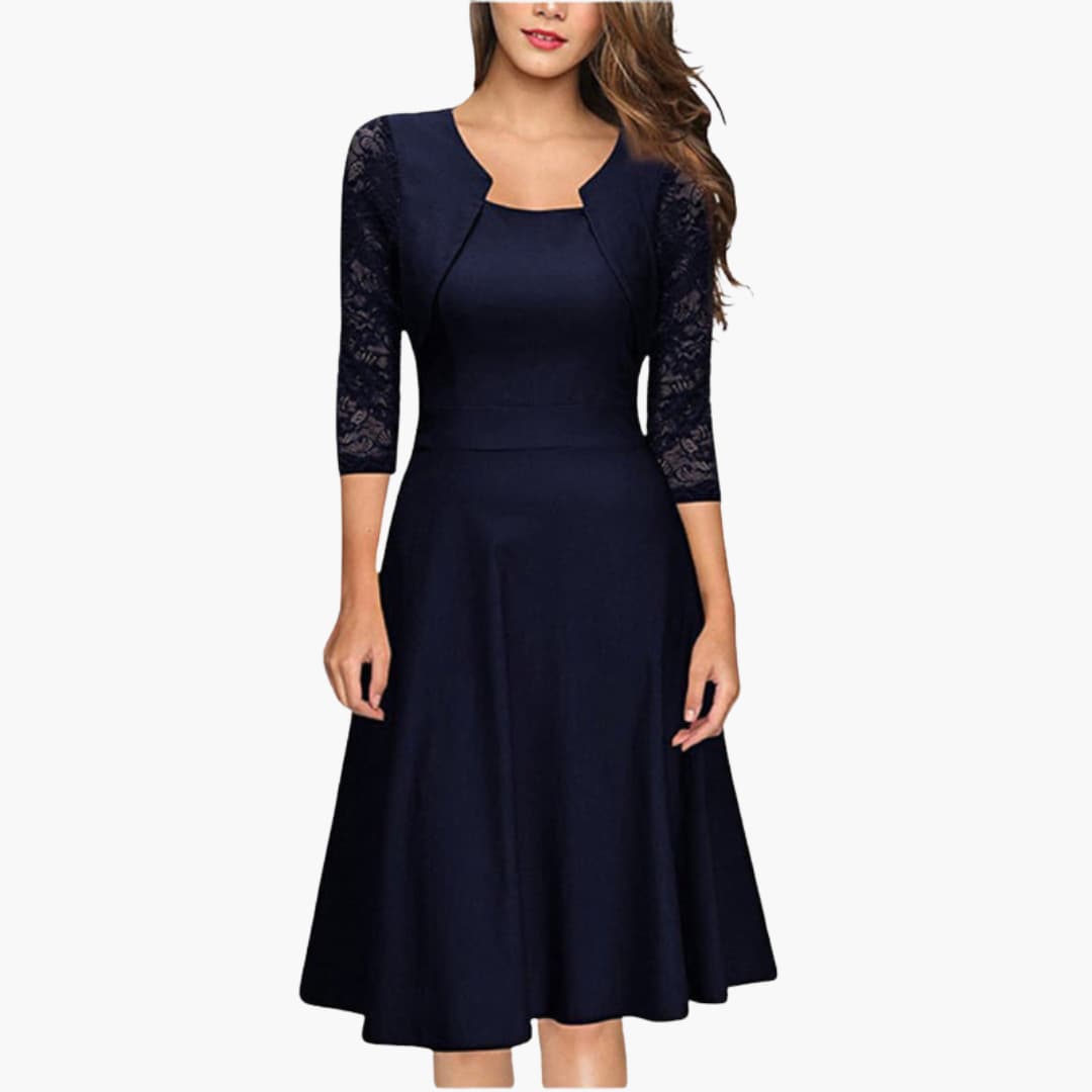 Feminine Floral Midi Dress with Flared Hem and Fitted Waist