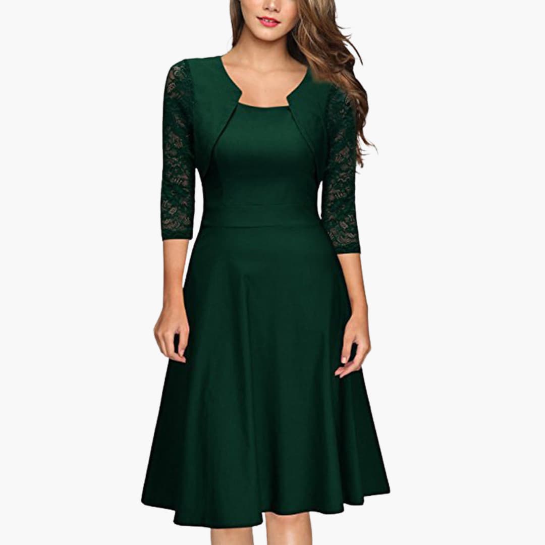 Feminine Floral Midi Dress with Flared Hem and Fitted Waist
