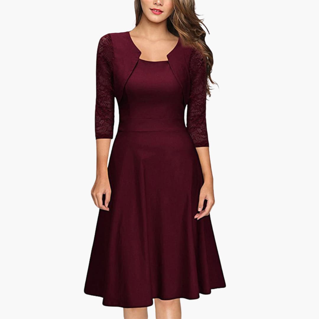 Feminine Floral Midi Dress with Flared Hem and Fitted Waist