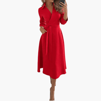 Feminine Flare Midi Dress with Bow Waist and Long Sleeves
