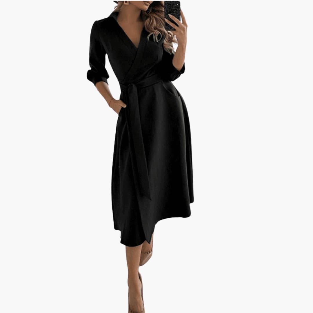 Feminine Flare Midi Dress with Bow Waist and Long Sleeves - Olytrend