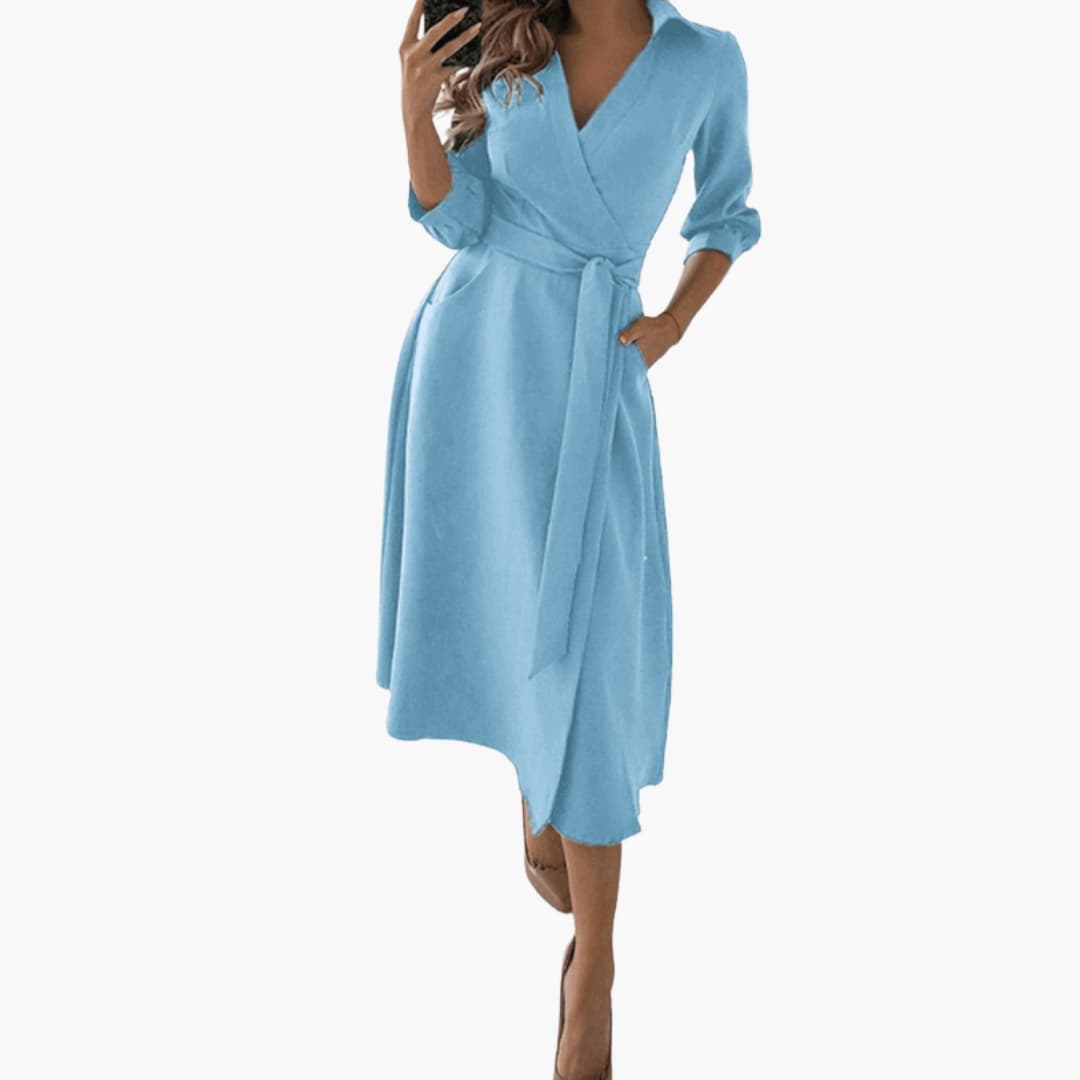 Feminine Flare Midi Dress with Bow Waist and Long Sleeves