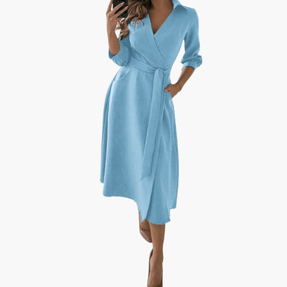Feminine Flare Midi Dress with Bow Waist and Long Sleeves